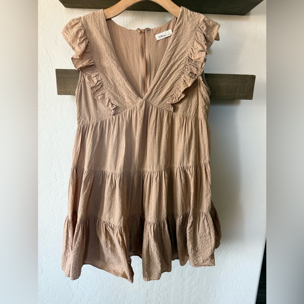 Millibon|Tan ruffled Sleeveless Tiered Dress in Brown/tan color,cottagecore boho - Picture 13 of 13